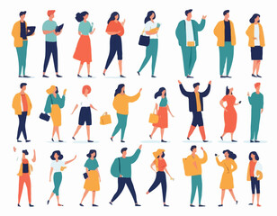 Set of flat vector characters in different poses. Young adults. Lifestyle illustration. Flat editable vector, clip art