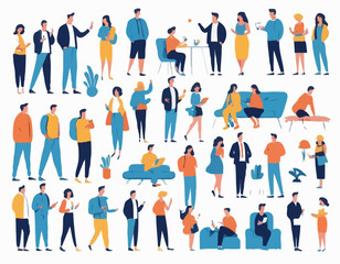 Set of flat vector characters in different poses. Young adults. Lifestyle illustration. Flat editable vector, clip art