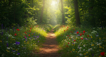 Sunlit forest path covered in wildflowers