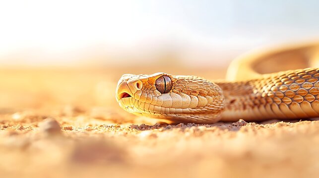 Closeup of a rattlesnakes head with intricate scales and striking eye in a desert setting