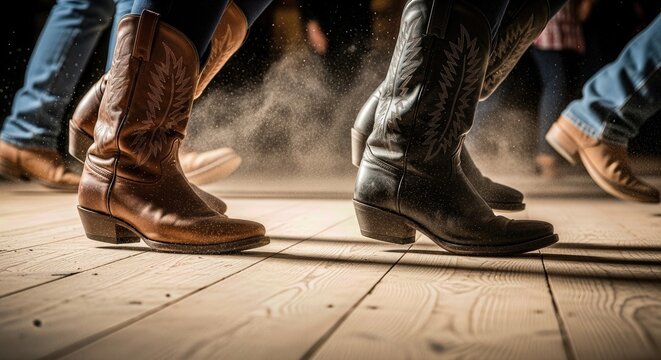Energetic country dancers stomp and slide on a dusty wooden floor wearing classic brown cowboy boots and blue denim jeans during a lively western folk dance event.