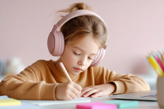Focused girl wearing headphones writes in her notebook at home, studying quietly for online school lessons in a cozy room