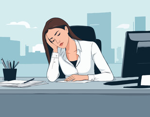 Professional burnout. Young exhausted female manager sitting at the office. Long working day. Millennials at work. Flat editable vector illustration, clip art