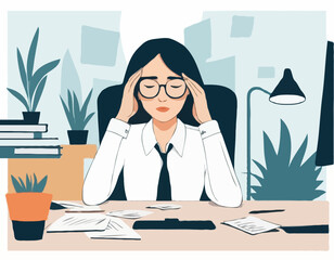 Professional burnout. Young exhausted female manager sitting at the office. Long working day. Millennials at work. Flat editable vector illustration, clip art