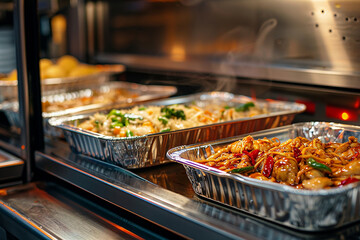 Metallic foil trays display a variety of Asian cuisine dishes with glossy sauce. Suitable for restaurant menus, food blogs, and catering promotions.
