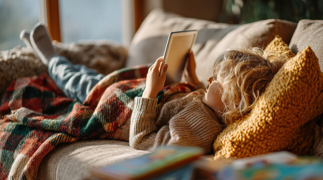 Young boy lies on a cozy sofa under a warm blanket, looking in a tablet as afternoon light fills the living room