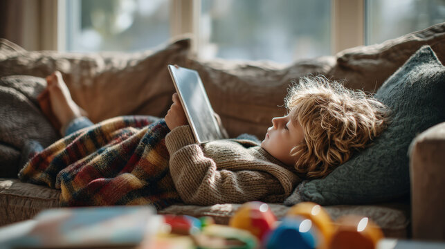 Young boy lies on a cozy sofa under a warm blanket, looking in a tablet as afternoon light fills the living room