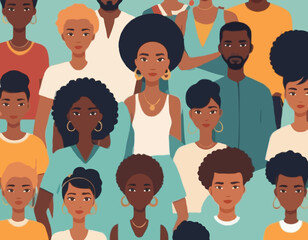 Black community, african people gathered together, a set of male and female characters wearing casual clothes and different hairstyles