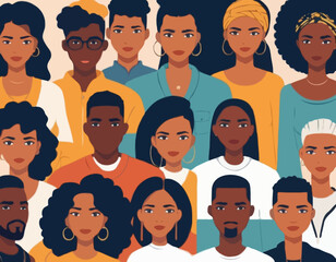 Black community, african people gathered together, a set of male and female characters wearing casual clothes and different hairstyles