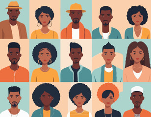Black community, african people gathered together, a set of male and female characters wearing casual clothes and different hairstyles