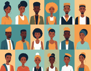 Black community, african people gathered together, a set of male and female characters wearing casual clothes and different hairstyles