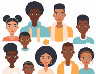 Black community, african people gathered together, a set of male and female characters wearing casual clothes and different hairstyles