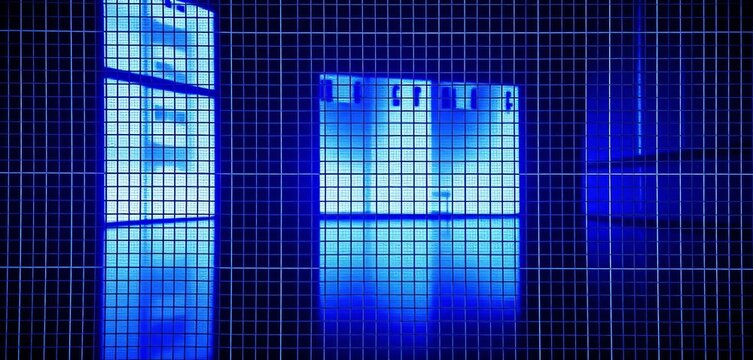 Abstract dark blue reflection on a white mesh grid screen, dark squares background,  minimal,  mesh