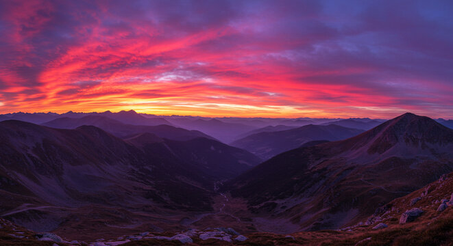 Purple mountains under a glowing sunset