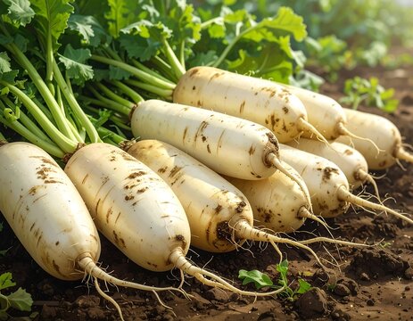 Freshly Harvested Daikon Radishes in the Field