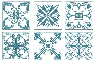 six tiles with blue watercolor patterns