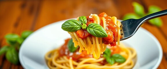 Forkful of spaghetti with rich tomato sauce and fresh basil leaves,  mediterranean,  culinary