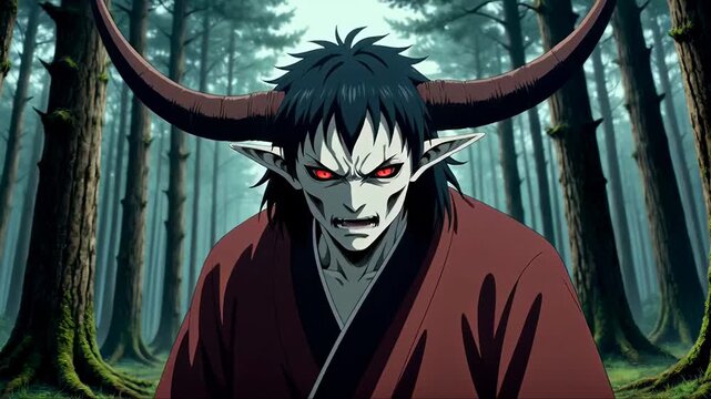 Encounter with a powerful anime demon in a mysterious forest at twilight