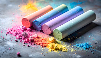 Vibrant Chalk Sticks with Colorful Dust on a Dark Background