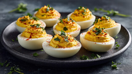 Delicious deviled eggs artfully arranged on a plate. They look incredibly appetizing, with a creamy, flavorful filling and a sprinkle of herbs