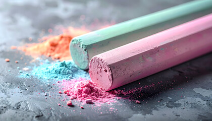 Colorful Chalk Sticks with Powder on a Gray Background
