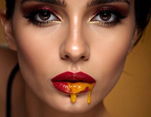 Close-up of a woman with striking makeup and dripping liquid