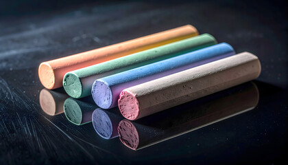 Fototapeta premium Colorful Pastel Chalk Sticks on Reflective Surface in Dramatic Light