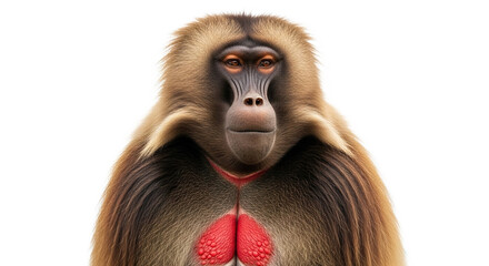 Gelada monkey portrait with brown fur and red chest patch on white background.