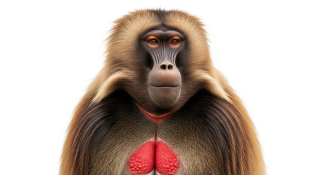 Gelada monkey portrait with brown fur and red chest patch on white background.