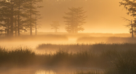 Obraz premium Golden mist over a wetland swamp