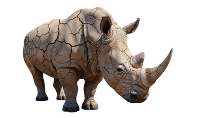 Fototapeta premium Rhinoceros stands isolated on a white background showing its thick textured skin.