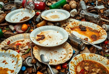 Close-up of soiled plates, plastic bottles, and discarded cutlery amidst polluted food,  waste management,  unhealthy