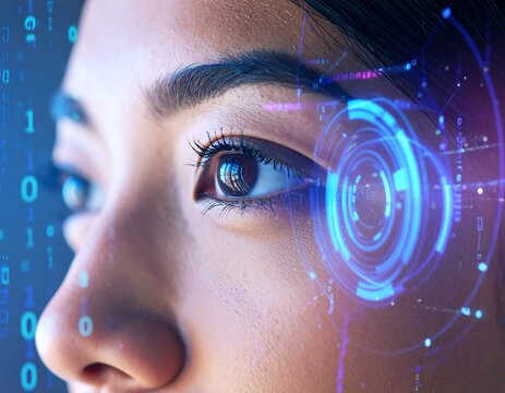 Close-up of a woman's face with a futuristic overlay