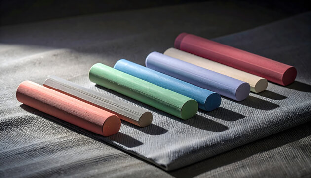 Colorful Chalk Sticks Arranged on Gray Fabric Surface with Shadow