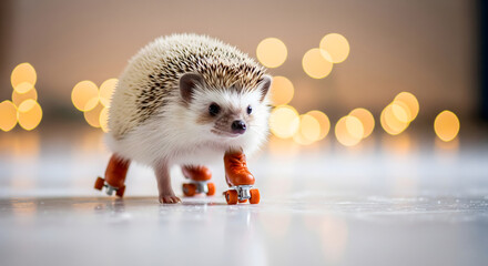 A cute African pygmy hedgehog is pictured in an unlikely pose, wearing tiny orange roller skates on its four feet against a soft, out-of-focus background of golden bokeh lights. Generative AI.