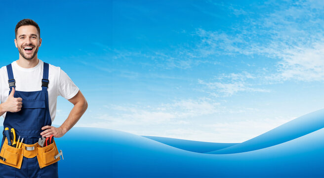 Smiling plumber in overalls and tool belt giving thumbs up on a blue sky and water background