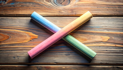 Obraz premium Colorful Chalk Sticks Crossed on Rustic Wooden Surface
