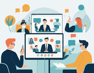 Video call conference, working from home, social distancing, business discussion, colleagues sharing materials