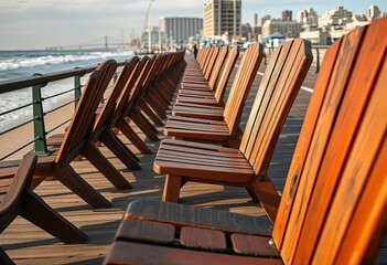 Rows of weathered wooden chairs sit on a NYC boardwalk overlooking the ocean,   water,   perspective
