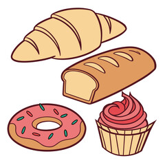 A delightful assortment of baked goods including a croissant sliced bread a pink frosted donut with sprinkles and a pink frosted cupcake on a white background