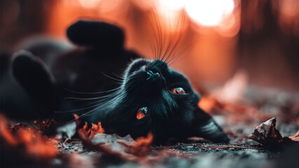 A black cat lies in the autumn leaves against the backdrop of autumn