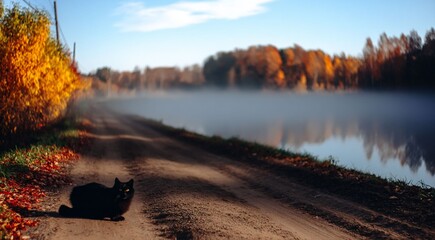 A black cat lies in the autumn leaves against the backdrop of autumn