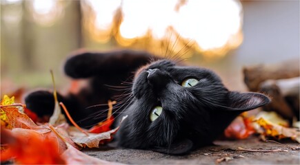 A black cat lies in the autumn leaves against the backdrop of autumn