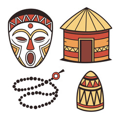A vibrant collection of traditional african cultural symbols including a decorative mask a thatched hut a beaded necklace and a patterned object on a white background