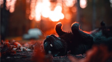 A black cat lies in the autumn leaves against the backdrop of autumn