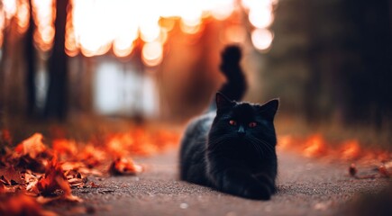 A black cat lies in the autumn leaves against the backdrop of autumn