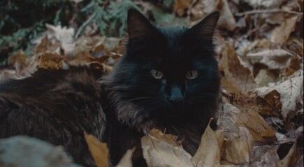 A black cat lies in the autumn leaves against the backdrop of autumn