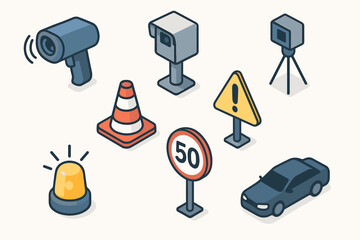 Isometric Traffic Equipment. Objects set icons in modern isometric flat : radar gun, speed camera, tripod, traffic cone, warning sign, speed limit