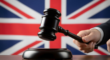 A judge's gavel poised to strike, with the Union Jack flag of the United Kingdom in the background, symbolizing justice and law.