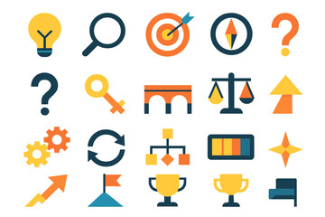 Problem Solving Icons. Problem solving set of icons in abstract flat : lightbulb idea, magnifying glass, target icon, compass, question mark,